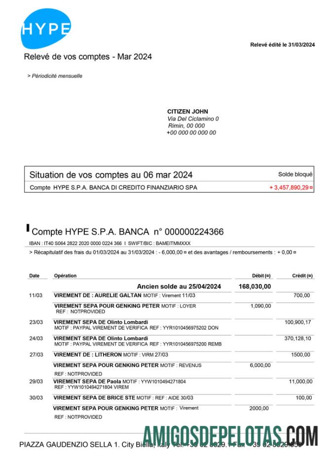 Exemplo de cópia Itália HYPE SPA Bank St Scr